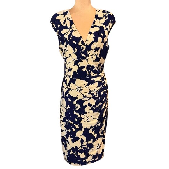 Lauren Ralph Lauren Tricot Sheath Dress Sz.12 Black Beige Sleeveless Floral - Picture 11 of 12
